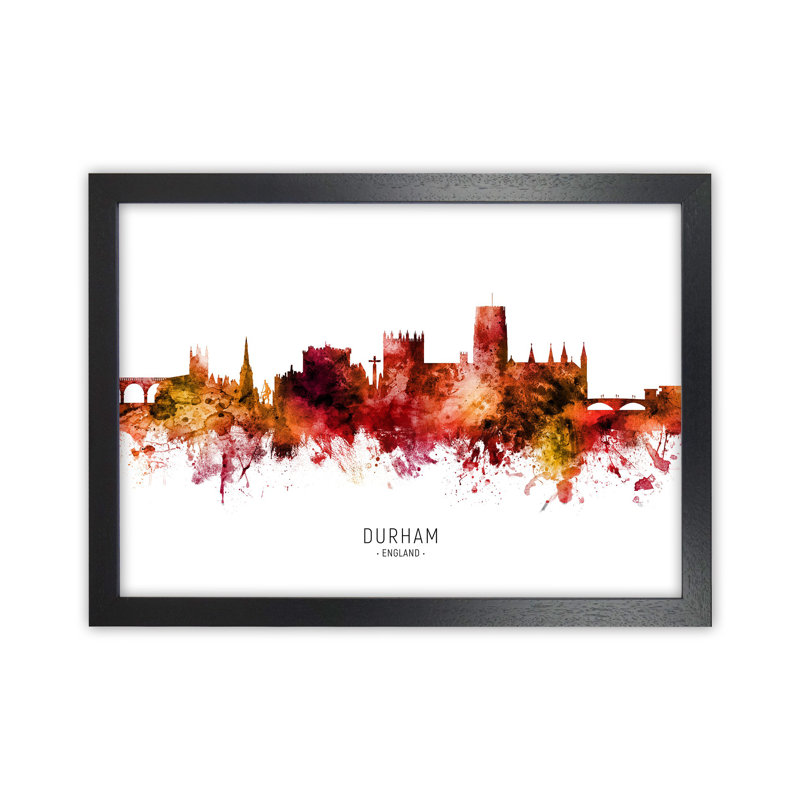 Durham England Skyline Red City Name by Michael Tompsett - Print, Black Framed, 34cm H x 46cm W x 3cm D