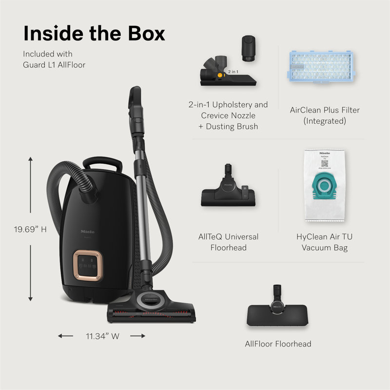 Miele Guard L1 AllFloor Bagged Canister Vacuum Cleaner with AirClean Plus Filter, AllTeQ Universal Floorhead, and AllFloor Floorbrush, LED Display Panel, in Obsidian Black/Rose Gold