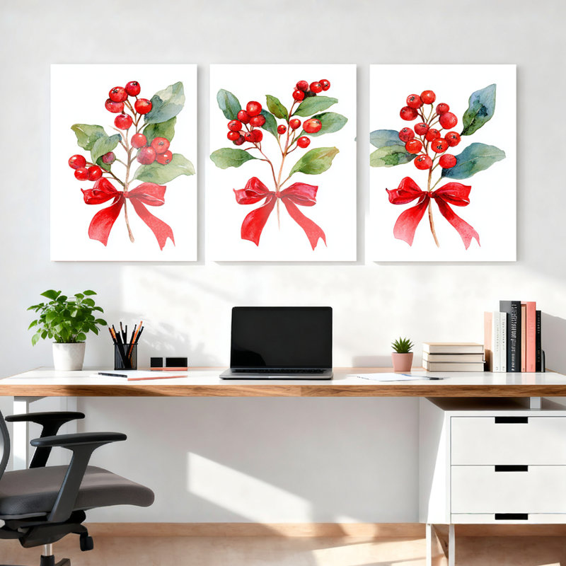Ensemble de 3 baies de Noël et arc rouge sur toile tendue à l'aquarelle, H 36 po x l 72 po