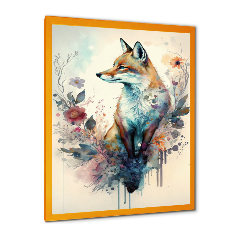 Mignon renard, art floral III - Renard, art mural, H 32 po x l 24 po x P 1 po, Cadre doré
