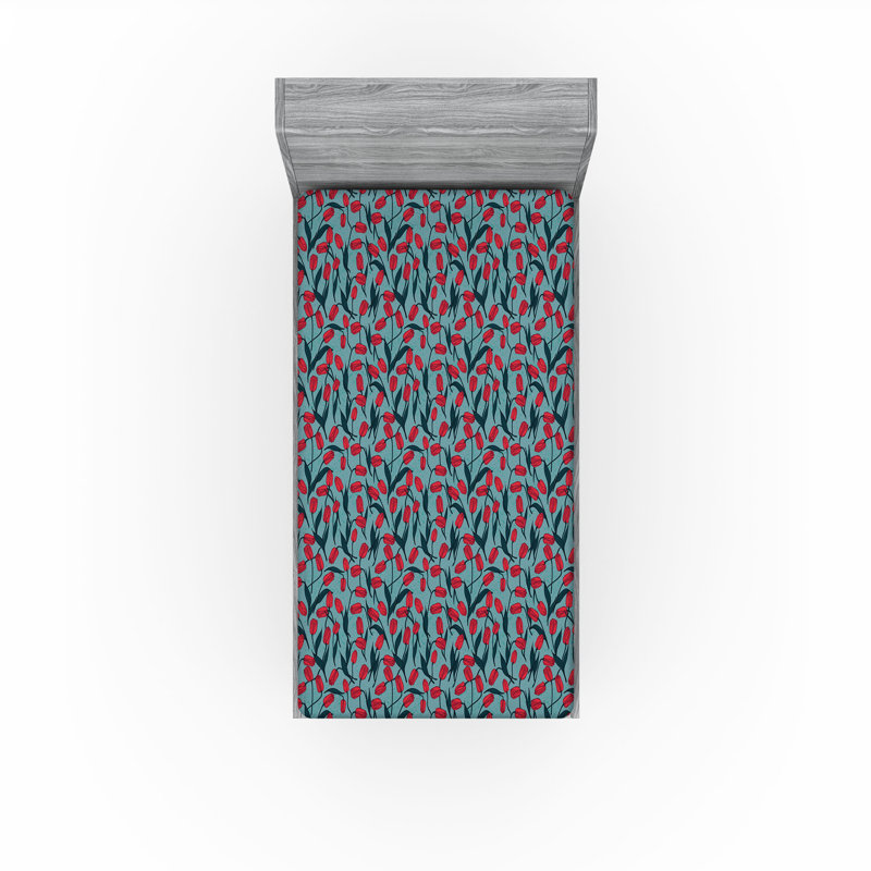 Ambesonne Nature Fitted Sheet Leaves Botanical Style Art, Twin Fitted Sheet, Cadet Blue/Dark Pink Floral