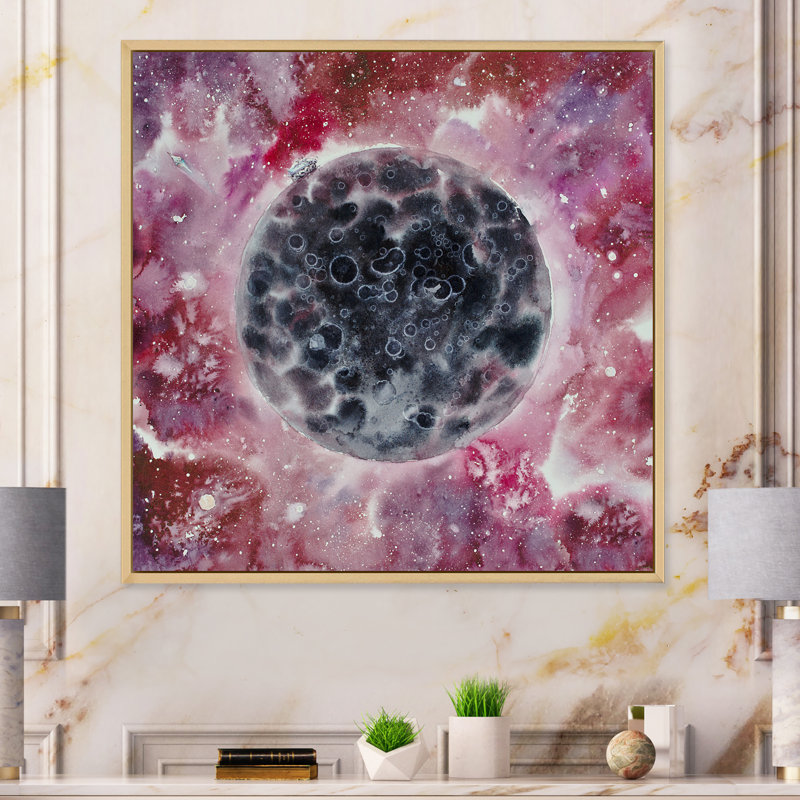 Illustration de lune noire et mauve - Art mural moderne et contemporain sur toile, H 36 po x l 36 po x P 1,5 po