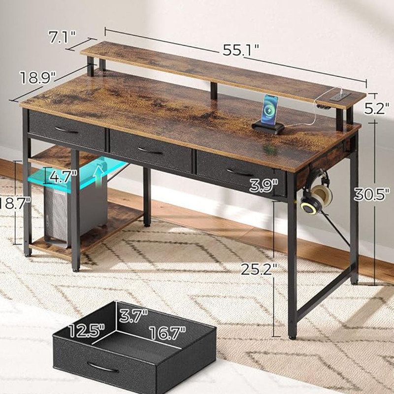 Computer Desk with Power Outlets & LED Light with 3 Drawers and Storage Shelves, Writing Desk with Monitor Stand, Rustic Brown