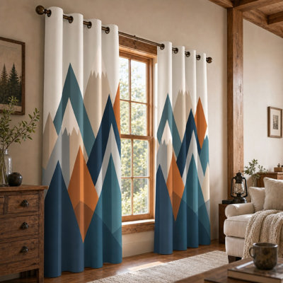 2Pcs Geometric Mountain Landscape Print Curtains, Abstract Style, Modern Artistic Layered Peaks, Ring Top Light Blocking for Living Room Bedroom Home Decor for Home Dector