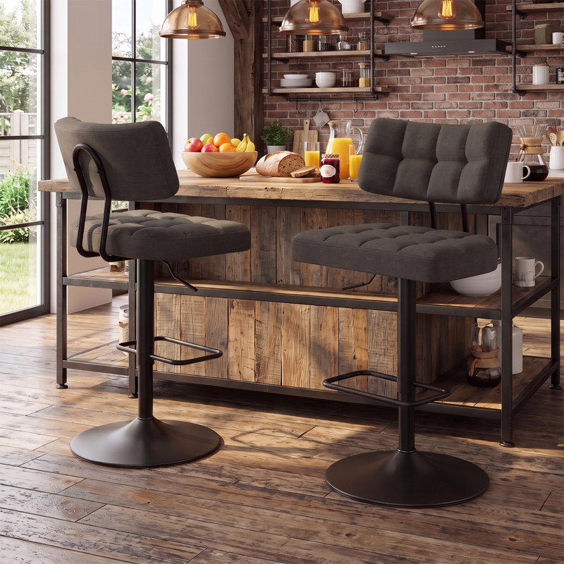 Swivel Adjustable Height Bar Stools, Set of 2, Fabric Upholstered with Backrest, Brown