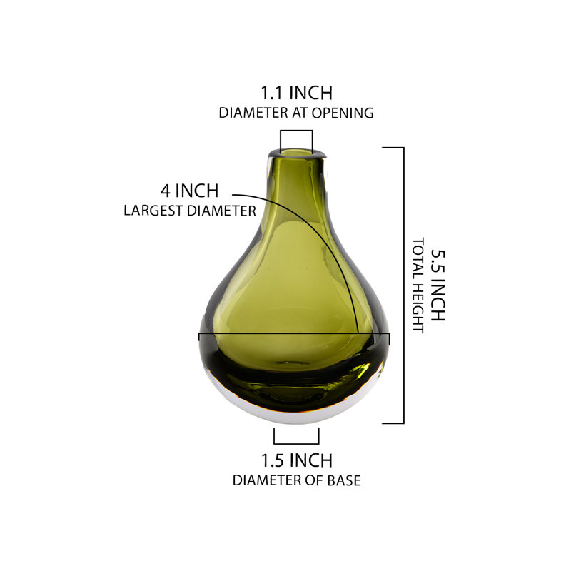  Handblown Olive Green Glass Bud Vase, Petite Teardrop Flower Holder For Home, Office, Cafe, Hotel, Wedding Decor, 4" Diameter & 5.5" Tall