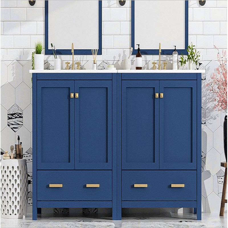 Ensemble de meuble-lavabo bleu 60 po avec double meuble-lavabo (séparé), double lavabo en céramique, tablette de rangement et tiroirs séparés (miroir non inclus) - Solution de salle de bain moderne pour salles de bain spacieuses
