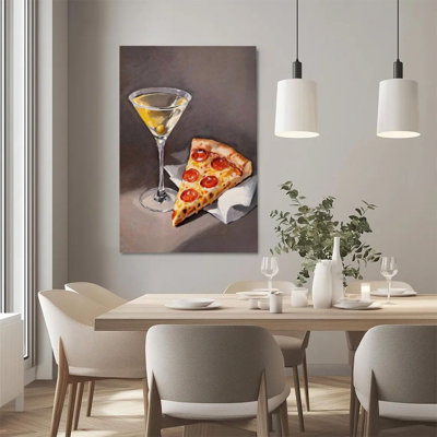 1Pc Framed Canvas Poster Print Pizza and Martini, still life of delicious food, realistic oil painting style Wall Art Decor, Perfect for Room Decor Living Room Bedroom Office Kitchen Bathroom Home Decor, Ideal Home Wall Decoration Gift