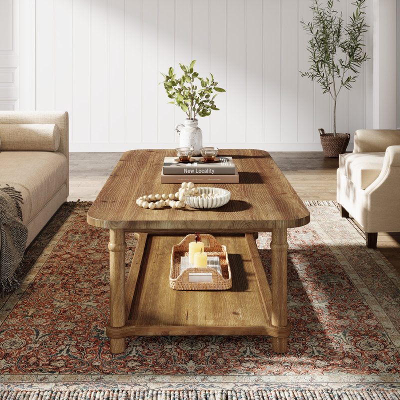 47" Solid Wood Coffee Table, Rectangle Centre Table With Carved Legs, Brown