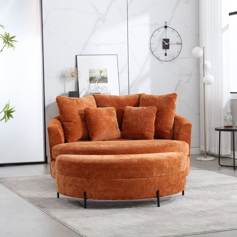 Fauteuil demi-tonneau avec repose-pieds, Chenille orange brûlé