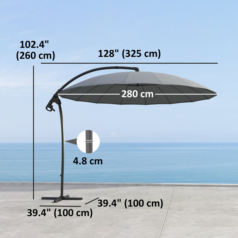 Parasol en porte-à-faux 9 pi avec 16 nervures en fibre de verre, gris
