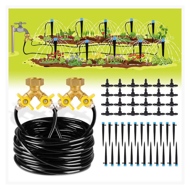 100ft Drip Irrigation Kit with Adjustable Brass Emitters for Garden Plant Watering System