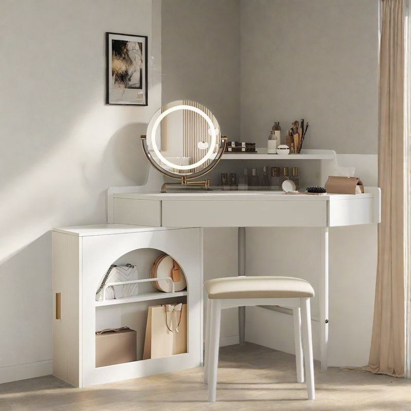 Corner Makeup Vanity Desk With Adjustable Folding Mirror, 3-colour Led Lighting, Adequate Storage And Stool