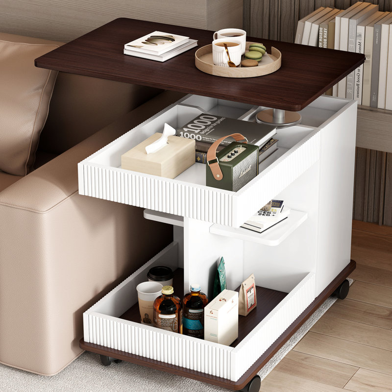 360 Rotating Adjustable Lift - Top Side Table, Practical End Table With Storage, Smooth , Rounded Edges For Living Room Decor And Lockable Corners Home