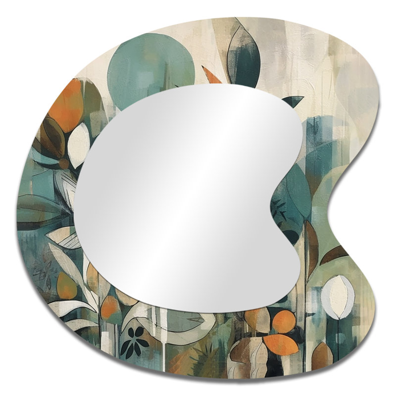 Orange And Green Abstract Bohemia III - Boho Feather Unique Shape Decorative Wall Mirror, Orange Asymmetrical Large Mirror, Printed Metal Art