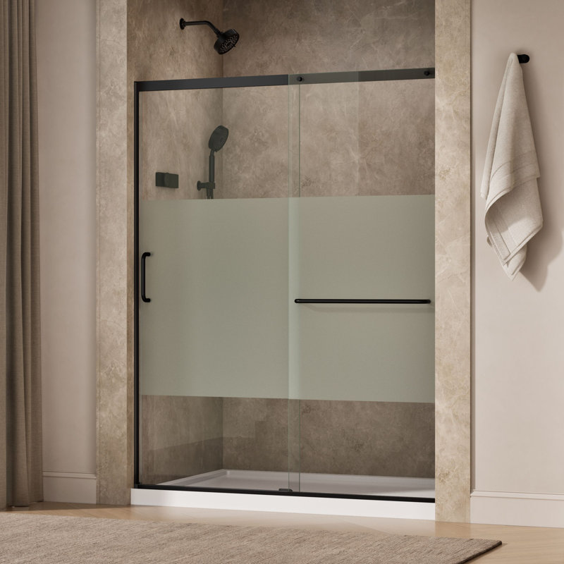 Elate Tall Sliding Shower Door, 75-1/2-In H X 56-1/4 - 59-5/8-In W, With Heavy 5/16-In Thick Crystal Clear Glass With Privacy Band