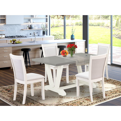 5-Piece Kitchen Table Set Contains a Cement Wooden Table and 4 Cream Linen Fabric Upholstered Chairs with High Back - Wire Brushed Linen White.