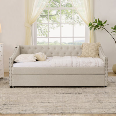 Lit de jour simple avec couchette coulissante simple et chargement USB | Canapé-lit capitonné capitonné, accoudoirs ondulés