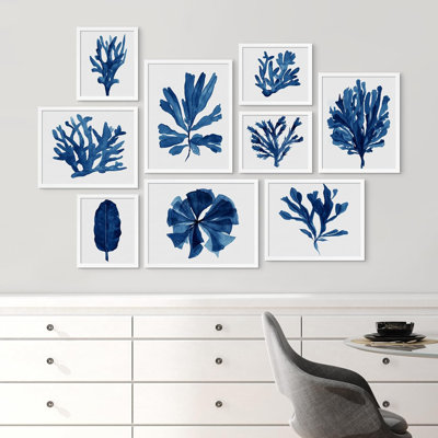 " Navy Blue Watercolor Ocean Coral Nature " 9 - Pieces