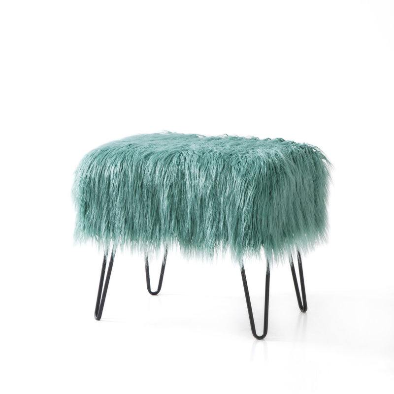 Keilia Upholstered Ottoman, Oil Blue Faux Fur