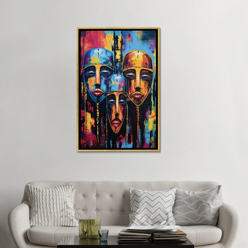 Trio de visages, reproduction d'art sur toile encadrée, H 48 po x l 32 po, Impression encadrée sans passe-partout, Doré