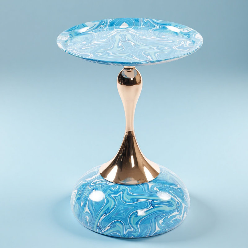 Modern Metal Round Tray Side Table With Pedestal Base, Blue White Marble
