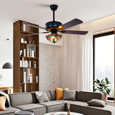 Ventilateur de plafond en verre coloré American Pastoral | Conversion de fréquence à six vitesses avec rotation avant et arrière | Style rétro Tiffany
