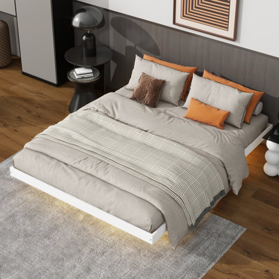 Floating Bed With LED Lights Underneath,Modern Low Profile Platform Bed With LED Lights,White