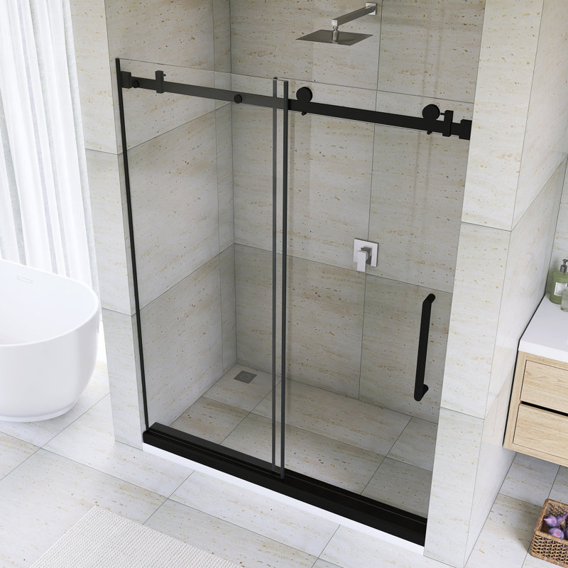 56-60 "W X 76" H Single Sliding Frameless  Shower Door In Matte Black Finish, Matte Black