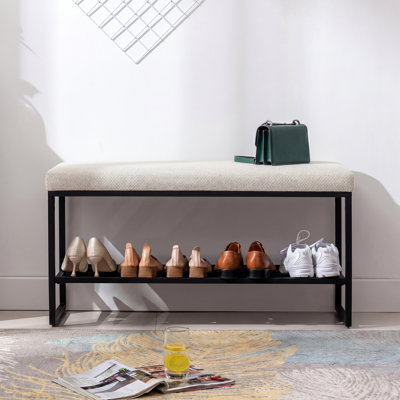 Chamille 40.6" Linen Upholstered Storage Bench with Sturdy Metal Frame and Lower Shoe Shelf