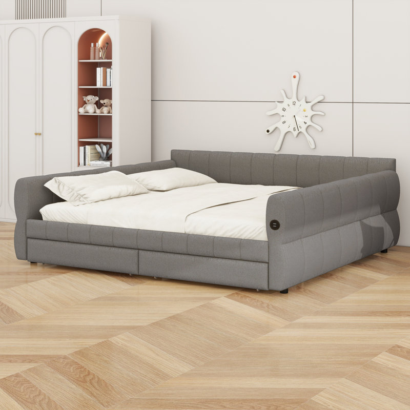 Contemporary Upholstered Platform Bed with USB Ports and 2 Drawers for Space-Saving Storage, Gray