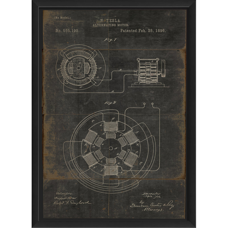 « tesla alternating motor brevet », impression encadrée, Noir, H 25,13 po x l 18,13 po