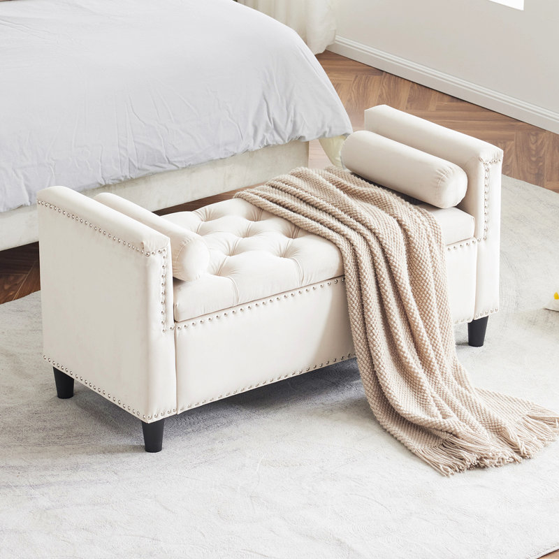 Repose-pieds avec 2 coussins, garniture cloutée et compartiment de rangement, Crème, crème