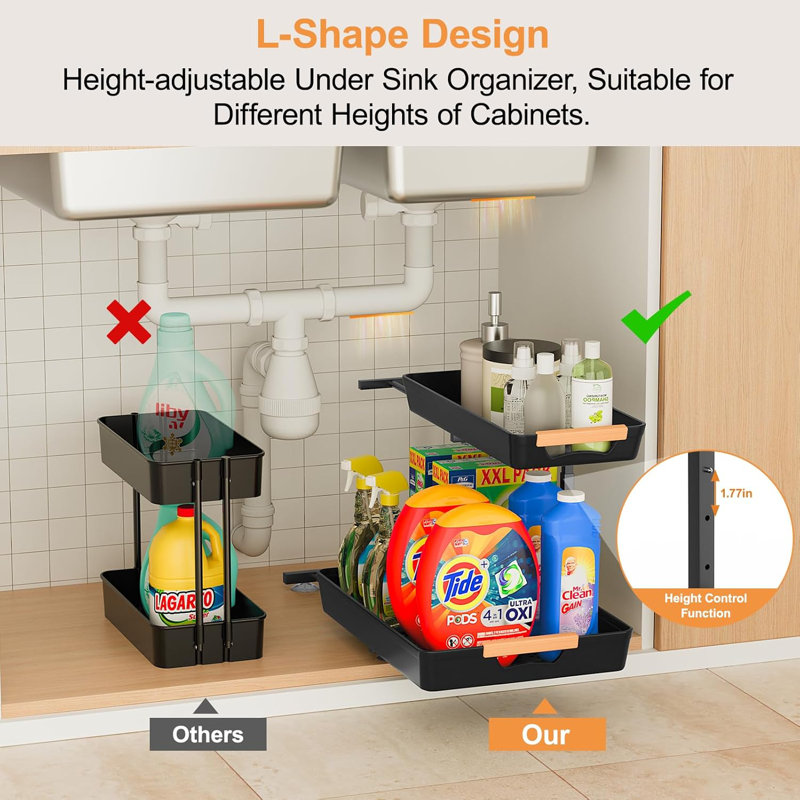 Under Sink Organizer And Storage, 2 Pcs Height Adjustable Under Kitchen Sink Organizer, 2 Tier Pull Out Drawer Cabinet Organizer For Bathroom, RV, Pantry Cabinet Closet Organization Rack