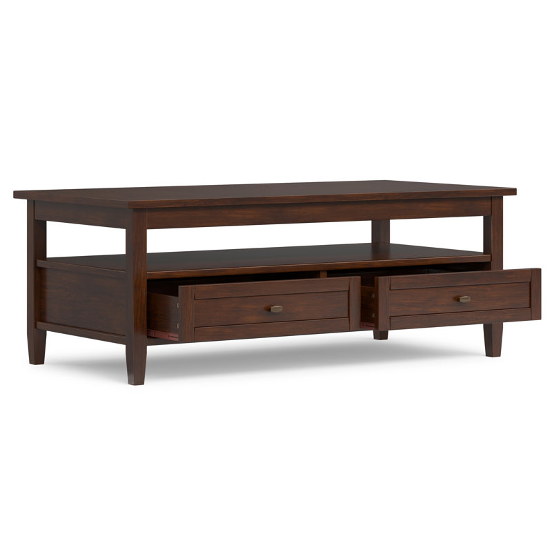 Warm Shaker 48"W Solid Wood Transitional Coffee Table With Storage Drawers And Open Shelf, Russet Brown