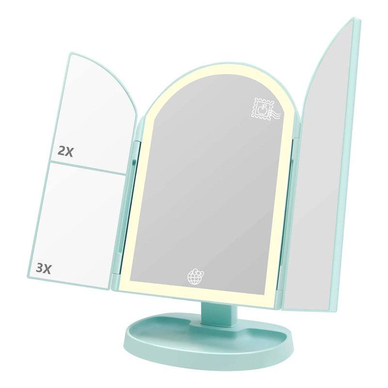 Impressions Vanity Hello Kitty And Friends Vacay Arch Trifold LED Makeup Mirror For Desk, 3 Way View Foldable Vanity Mirror With Lights, 2X And 3X Magnification, Adjustable Tilt And Soft Touch Control
