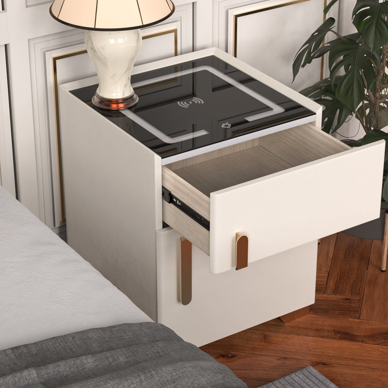 Kendrianna Nightstand with Safe Box and LED Lights and Wireless Charge, Beige