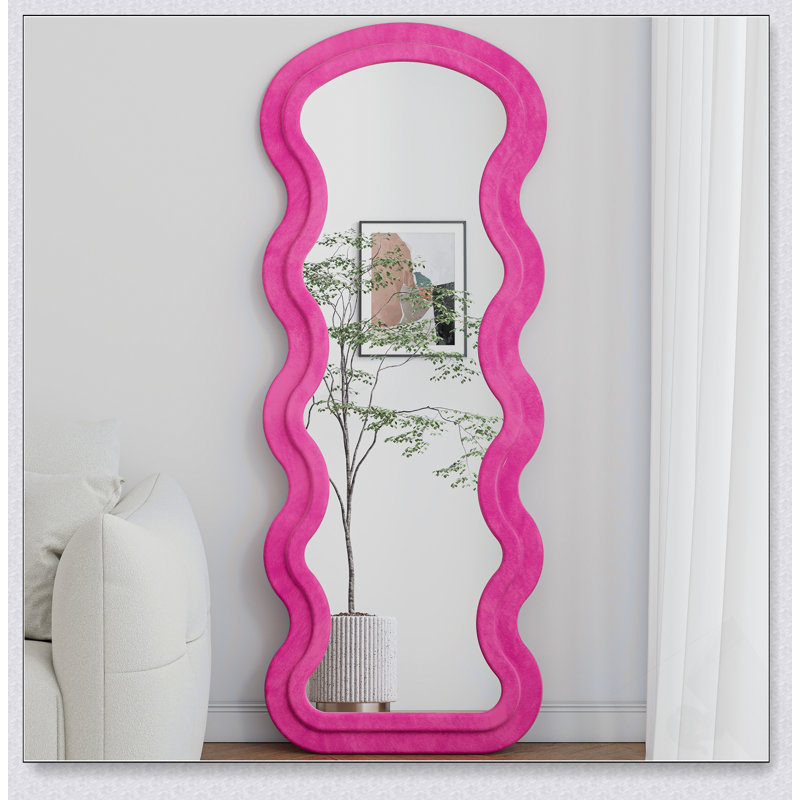 Flannel Full Length Wave Rose Floor Mirror With Stand For Bedroom And Living Room, Versatile Hanging Or Leaning Option., Pink