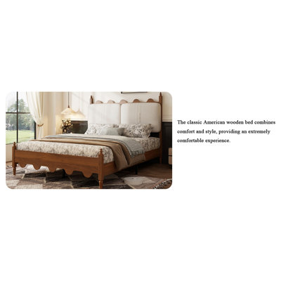 Queen Size Bed Frame With Upholstered Headboard,Solid Wood Legs,Vintage Scalloped Design,No Box Spring Needed,Heavy Duty Support,Easy Assembly,Walnut