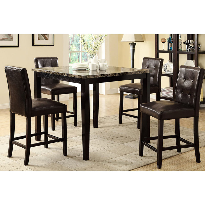 Table de cuisine et de salle à manger en faux marbre brun foncé avec plateau contemporain en placage de bouleau