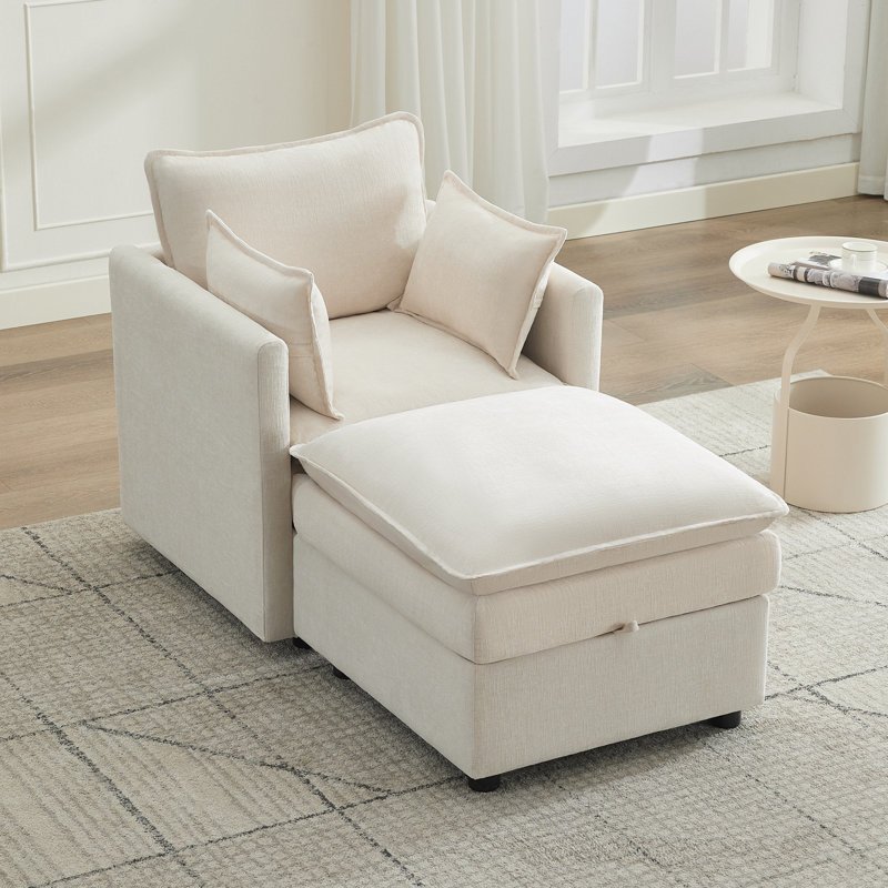 Upholstered Accent Armchair & Ottoman Set, Both with Hidden Storage, Beige