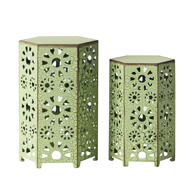Outdoor Side Table Pair, 2 Pcs - Iron Tubing, Design, Crackle , No Assembly Required For Patio And Home Use Piece Assortment Iron, , Hue, Different Sizes Fresh