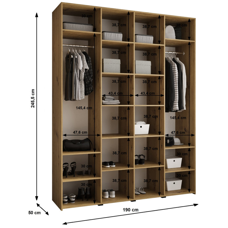 4 Door Manufactured Wood Wardrobe, 245.5 cm H x 190 cm W x 40 cm D, White Matt/Black
