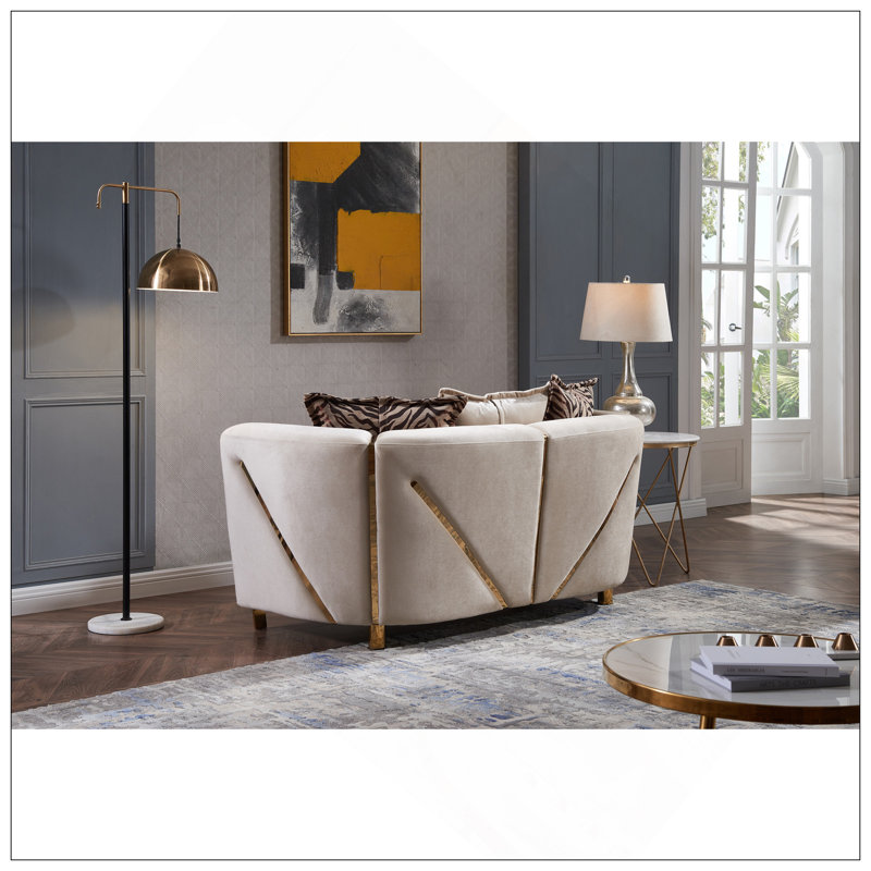 Causeuse rembourrée en velours épais avec structure en bois massif beige, parfaite pour des sièges confortables et élégants