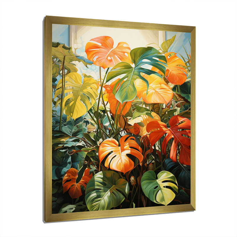 Feuillage tropical orange et vert III, Encadrement doré, H 20 po x l 12 po x P 1 po