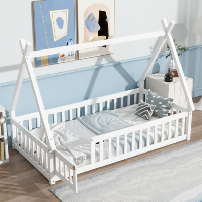 Ames Tent-Shaped Floor Bed with Wooden Frame, Guardrails & Door