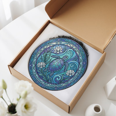 Sea Turtle Stained Glass Window Panel，12"H