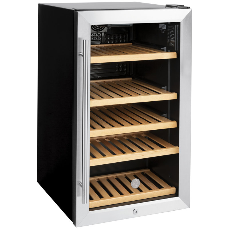 Stainless Steel Freestanding Beverage Refrigerator with Oak Shelves