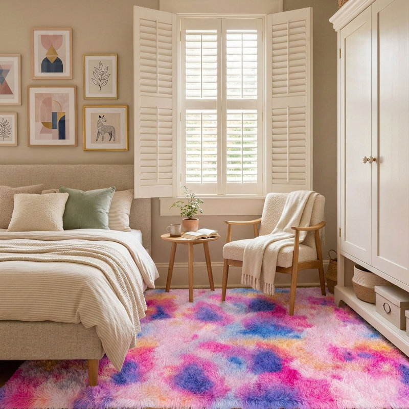 Rainbow Pink Living Room Shag Rugs, Soft Fuzzy Plush Rug for Bedroom, Comfy Modern Shaggy Carpet For Spring Home Decor, Upgrade Non Slip Backing, Ideal For High Traffic Areas Indoor