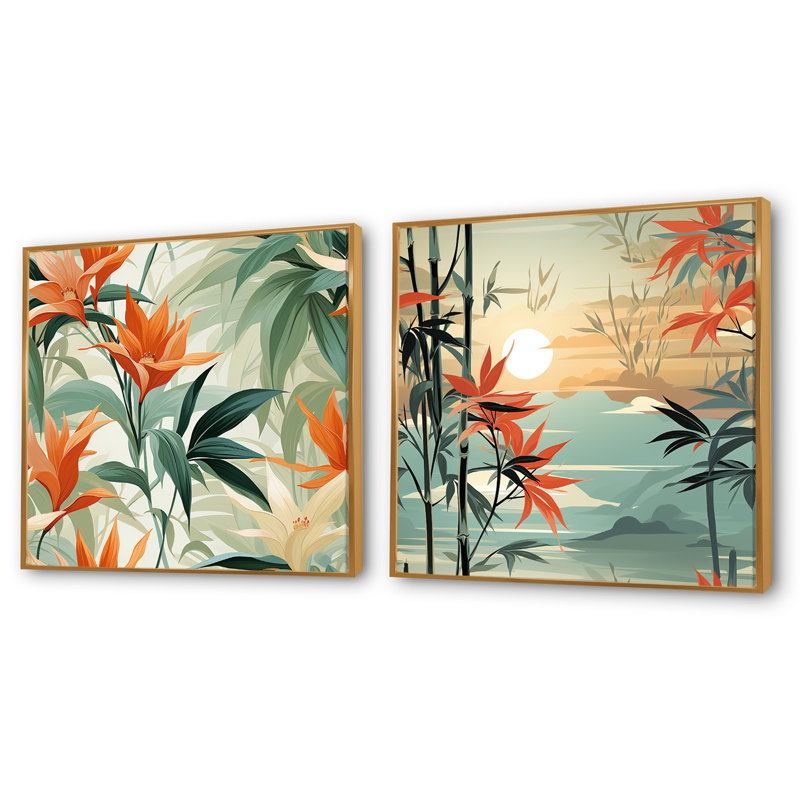 Armine - Ensemble de 2 collages carrés tropicaux, Cadre flottant doré, H 30 po x l 61 po